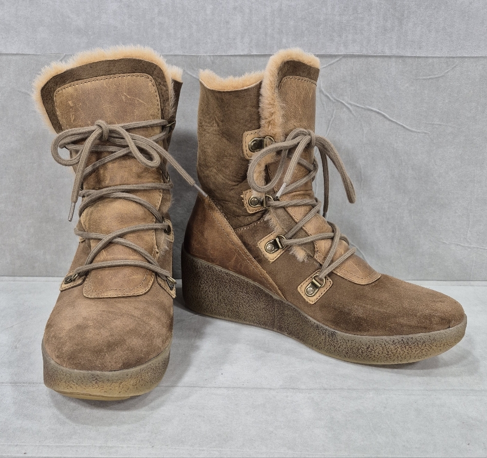 Cougar Dylan boots women's 11 brown leather suede shearling lined wedge platform